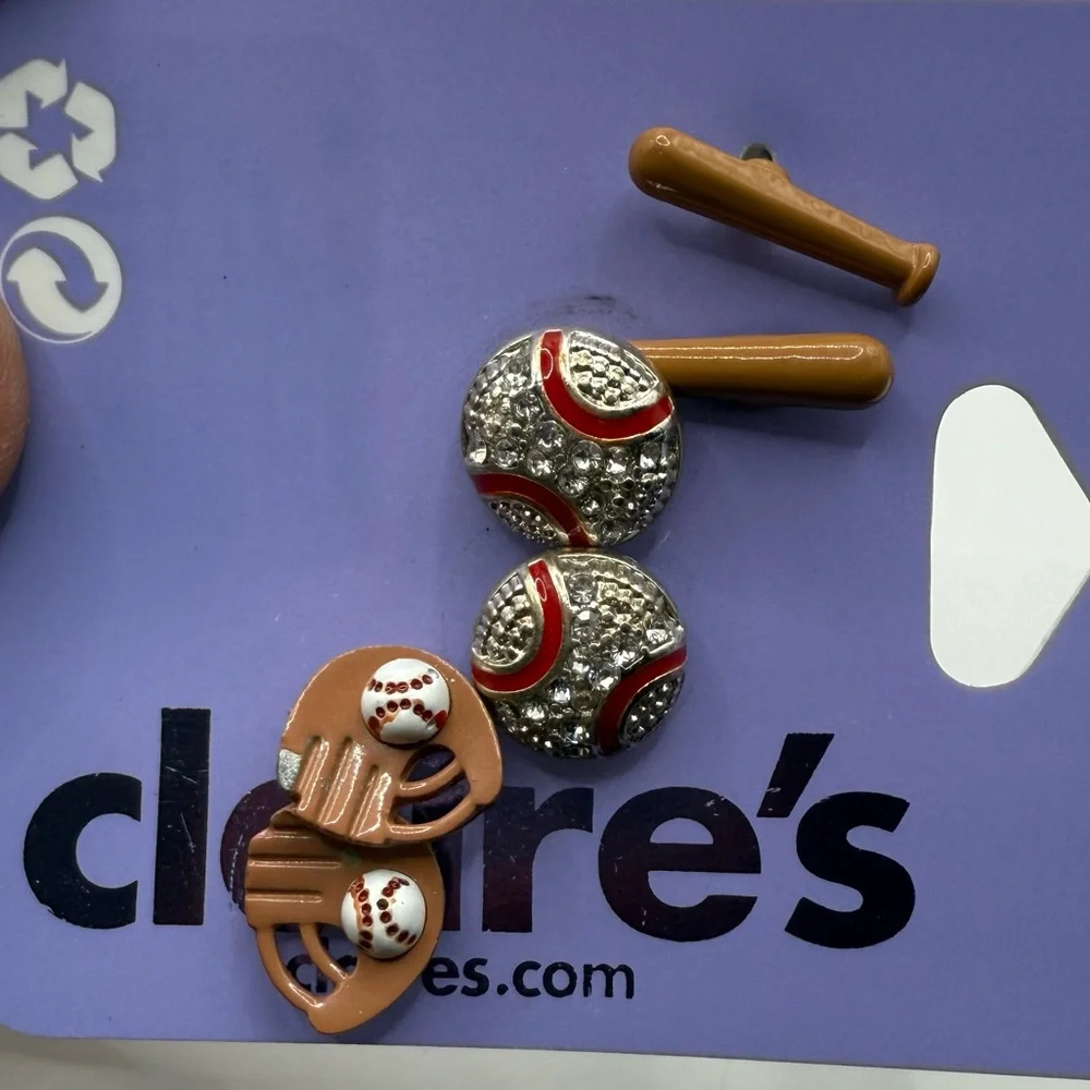 Claire's Kids Yin Yang and Baseball Stud Earrings Set - Pink, Green, Brown